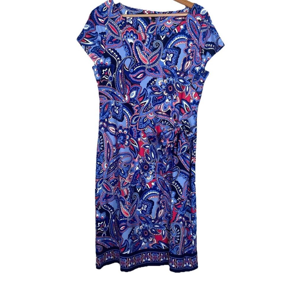 Talbots Faux Wrap Dress‎ Stretch Size L Paisley Office Resort Midi Shift Travel